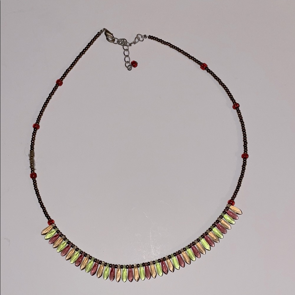 Elegant Beaded Necklace, brass color with purple and green , vintage